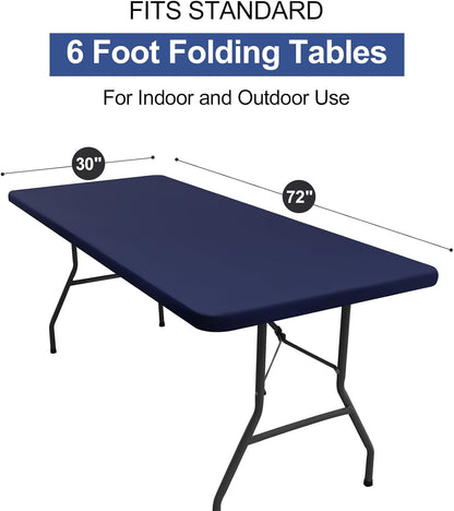 Rectangle Table Cloth Cover, Waterproof Polyester Elastic Fitted Tablecloth, Fits for 6 Foot Folding Tables, Washable Table Protector for Picnic, Camping, Outdoor (Navy Blue, 30" X 72")