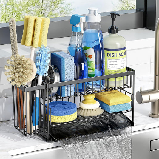 2-Tier Kitchen Sink Caddy Organzier Rack with Flexible Dish Brush Holder, Sponge Holder for Kitchen Sink Countertop Organization Storage,Home Decor Accessories Essentials Stainless Steel