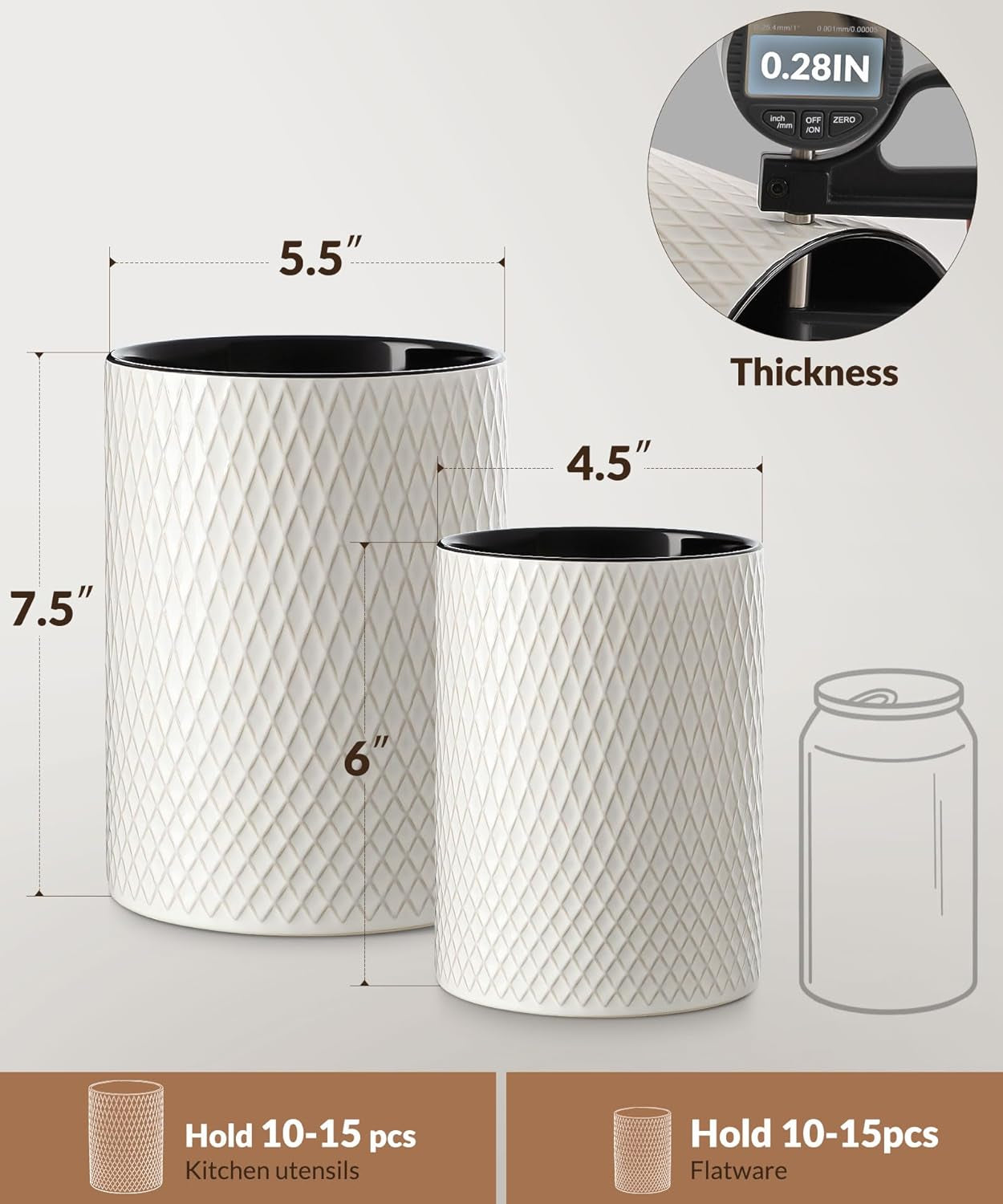 Utensil Holder 7.5+6In, Extra Large Stable Ceramic Embossed Dishwasher Safe Kitchen Utensils Holder, Ideal for Counter, Cooking Spatula Crock Organizer, Set of 2 (White Diamond Check)