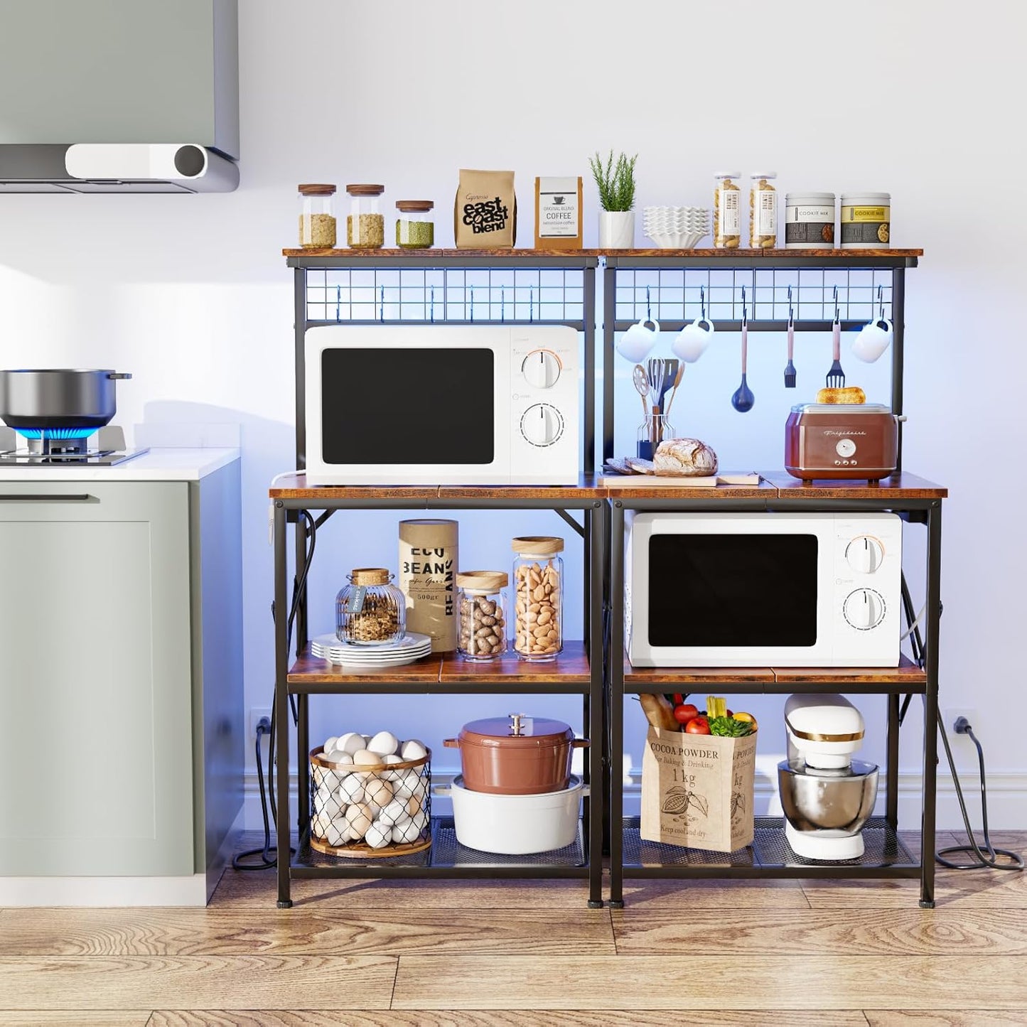 Bakers Rack with Power Outlet and LED Light, Small Microwave Stand with 4 Tier Shelves, Coffee Bar Station Table with 6 S Hooks, Kitchen Storage Rack for Spices, Pots, Rustic Brown