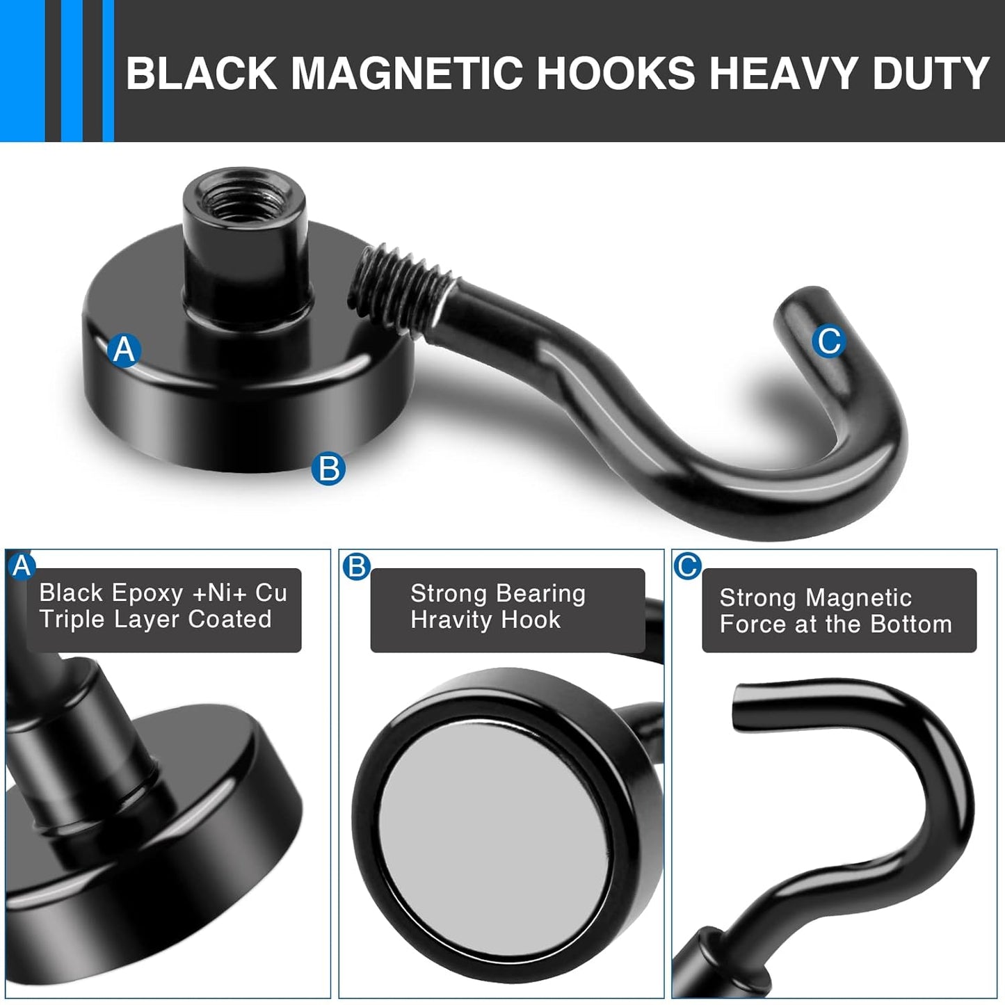 Black Magnetic Hooks, 28Lbs Strong Magnetic Hooks Heavy Duty 12Pack,Fridge Magnets, 18Pcs Refrigerator Magnets Strong Fridge Magnets for Whiteboard