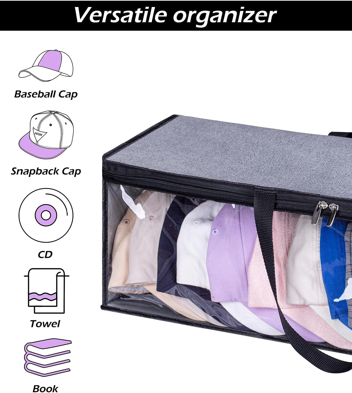 2 PCS Wide Hat Storage for Baseball Caps Organizer with 2 Sturdy Handles Hat Racks Holder Grey Capbox Stackable for Home Travel