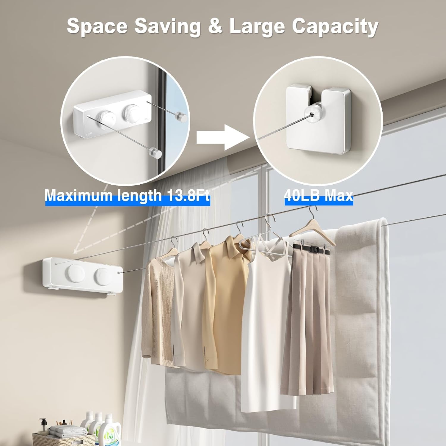 Retractable Clothesline Indoor, Non-Sagging Twin Clothes Line Retracting Outdoor Heavy Duty Clothes Drying Laundry Line Wall Mounted Stainless Steel Double Line-13.8 Ft(White)