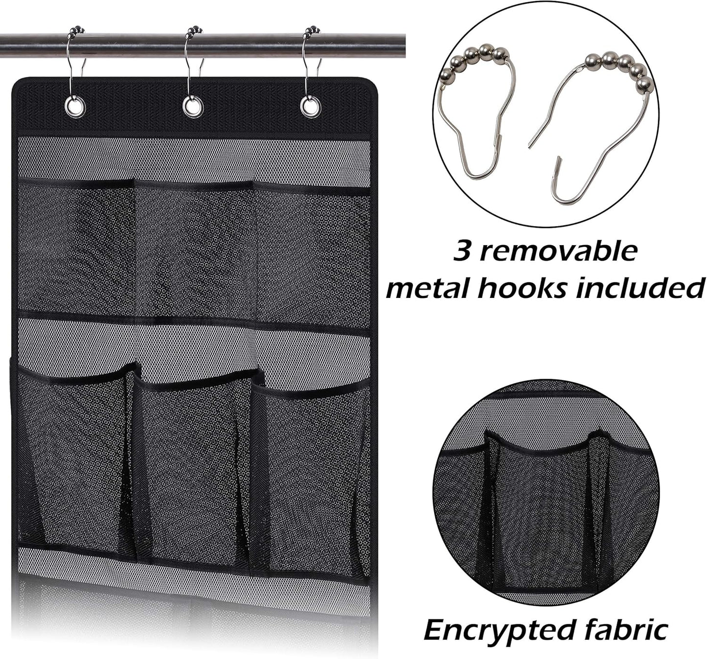 Mesh Shower Caddy Hanging Bathroom Organizer Storage with 2 Large Pockets 3 Rings Hang Curtain Rod for Dorm Cruise RV, Black