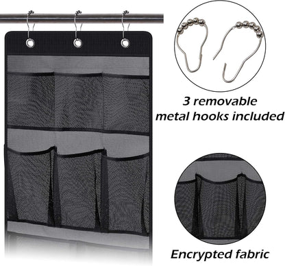 Mesh Shower Caddy Hanging Bathroom Organizer Storage with 2 Large Pockets 3 Rings Hang Curtain Rod for Dorm Cruise RV, Black