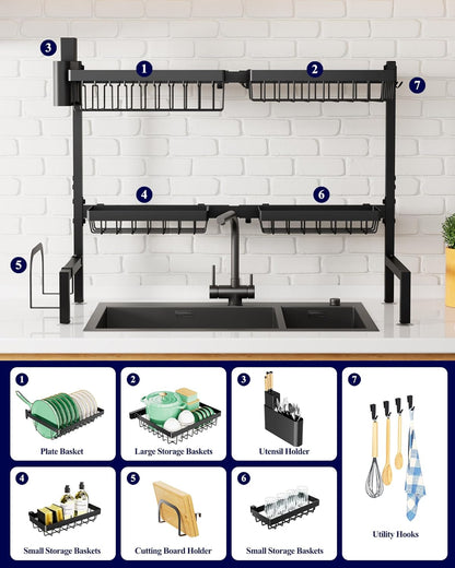 over the Sink Dish Drying Rack - 30.0" to 33.9" X 21.5", Adjustable Sink Drying Rack for Kitchen Sink with Multifunctional Baskets, Black