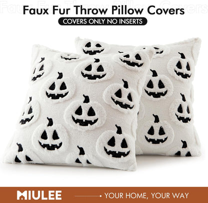 Fall Halloween Throw Pillow Covers 18X18 Decorative Pumpkin Pattern Pillowcases Soft Plush Faux Wool Cushions for Home Patio Sofa Couch,White