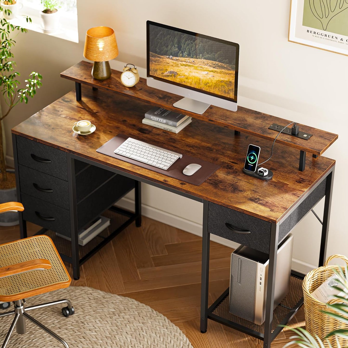 55-Inch Computer Desk with 4 Drawers, LED Lighting, and Power Outlets - Spacious Home Office and Gaming Desk in Rustic Brown Finish