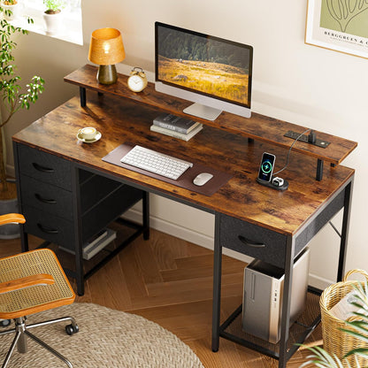 55-Inch Computer Desk with 4 Drawers, LED Lighting, and Power Outlets - Spacious Home Office and Gaming Desk in Rustic Brown Finish