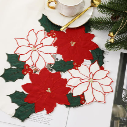 Christmas White Table Runner 13X70 Inches Long, Embroidered Red Poinsettia Flower Christmas Runner for Table, Xmas Dresser Scarves Holiday Parties Kitchen Farmhouse Dinner Decor