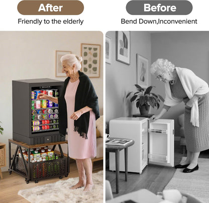 Mini Fridge Stand with Storage, Heavy Duty Fridge Cart with Drawer Basket, Mini Refrigerator Table for 220 LBS, Mobile Fridge Stand with Swivel Wheels for Dorm,Office,Home,Retro Brown