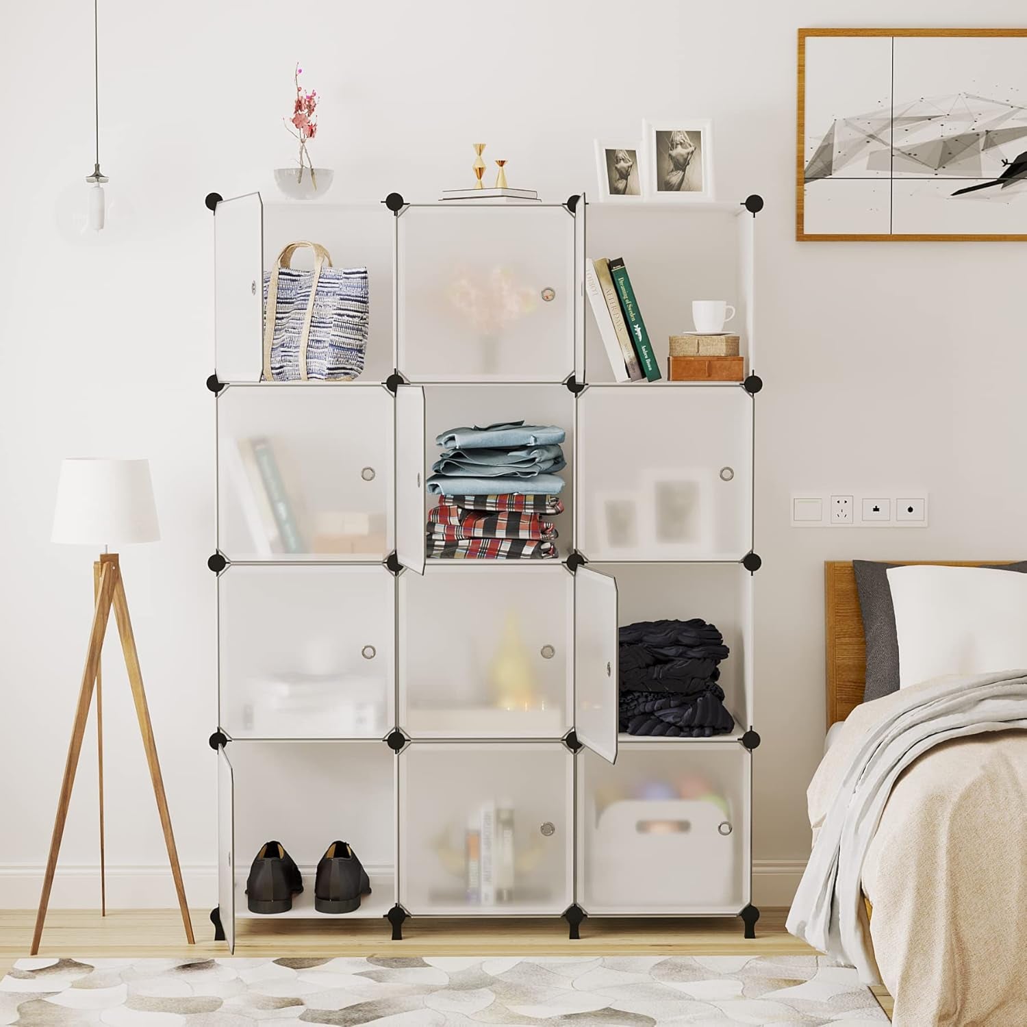 12 Cube Storage Organizer with Doors, DIY Plastic Closet Shelf, Modular Bookshelf, Stackable Shelving Rack for Bedroom, Living Room, Translucent ULPZ011