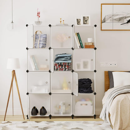 12 Cube Storage Organizer with Doors, DIY Plastic Closet Shelf, Modular Bookshelf, Stackable Shelving Rack for Bedroom, Living Room, Translucent ULPZ011