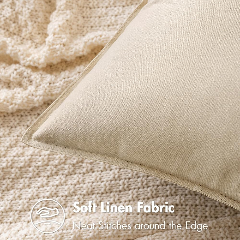 Set of 2 Beige Decorative Pillow Covers 24x24 Inches - Modern Farmhouse Linen Cushion Covers for Sofa and Living Room Decor