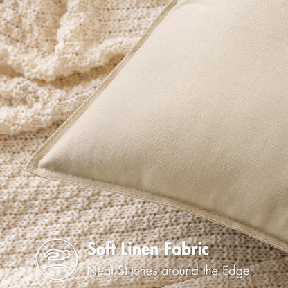 Set of 2 Beige Decorative Pillow Covers 24x24 Inches - Modern Farmhouse Linen Cushion Covers for Sofa and Living Room Decor