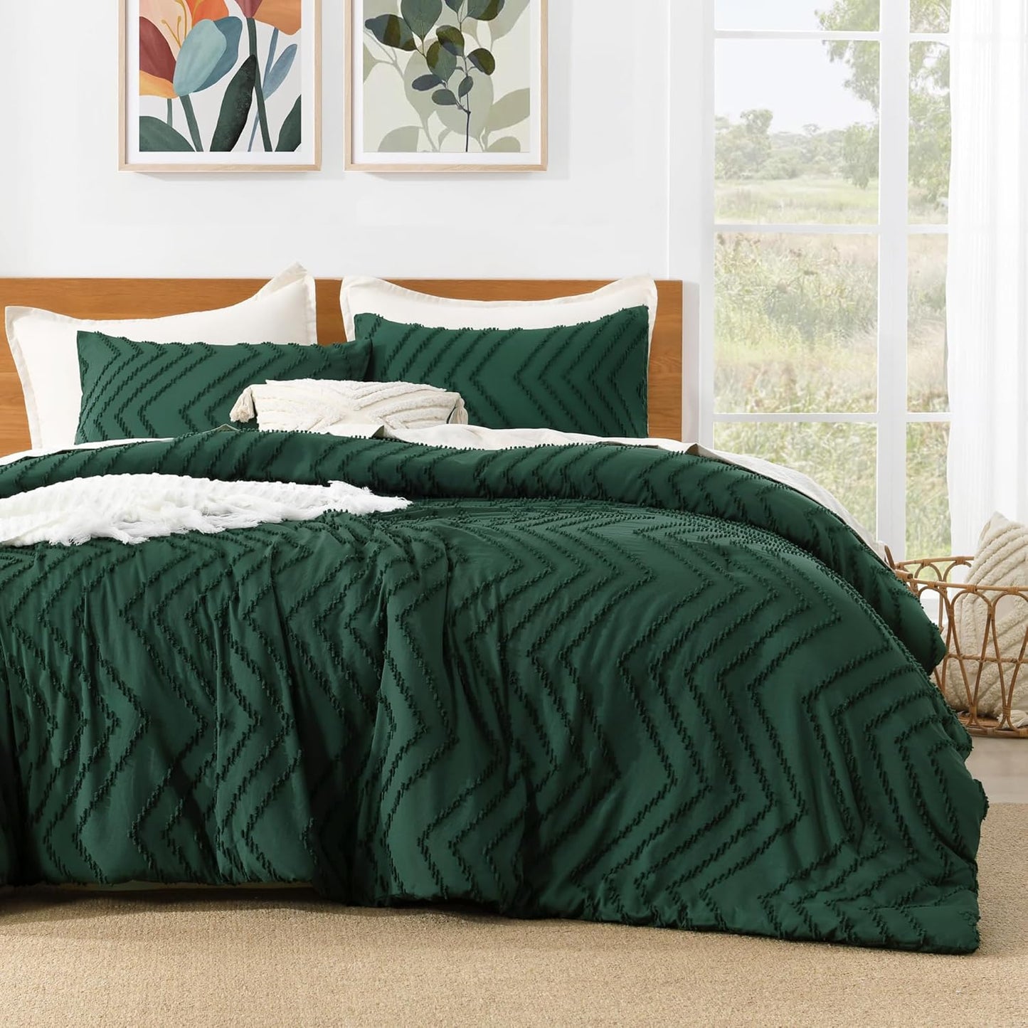King Size Comforter Set Dark Emerald Green, 3 Pieces Lightweight Fluffy Comforter King Size Boho Tufted Comforter Bed Set Gift Choice
