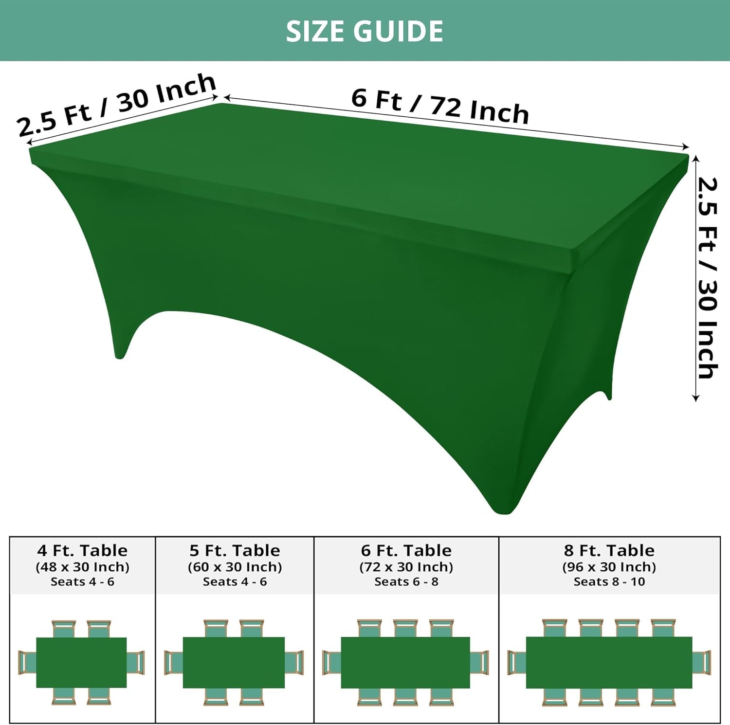 Spandex Tablecloth 2 Pack [6FT, Emerald Green] Tight, Fitted, Washable and Wrinkle Resistant Stretch Rectangular Patio Table Cover for Event, Wedding & Parties [72Lx30Wx30H Inch]