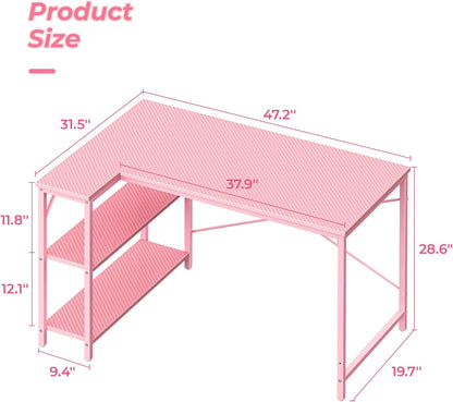 L-Shaped 47-Inch Computer Desk with Reversible Storage Shelves, Corner Gaming and Writing Desk for Home Office, Metal Frame, Pink