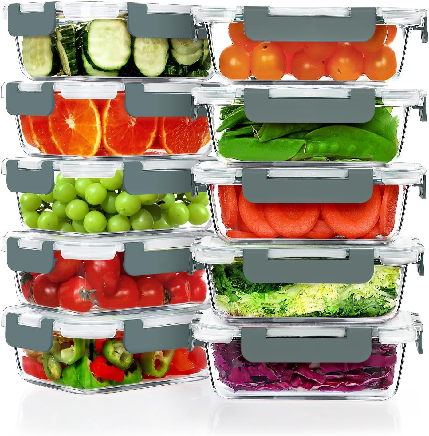 22 OZ Glass Meal Prep Containers Set - 10 Pack, Airtight Glass Lunch Containers with Lids, BPA-Free, Suitable for Microwave, Oven, Freezer & Dishwasher, Grey