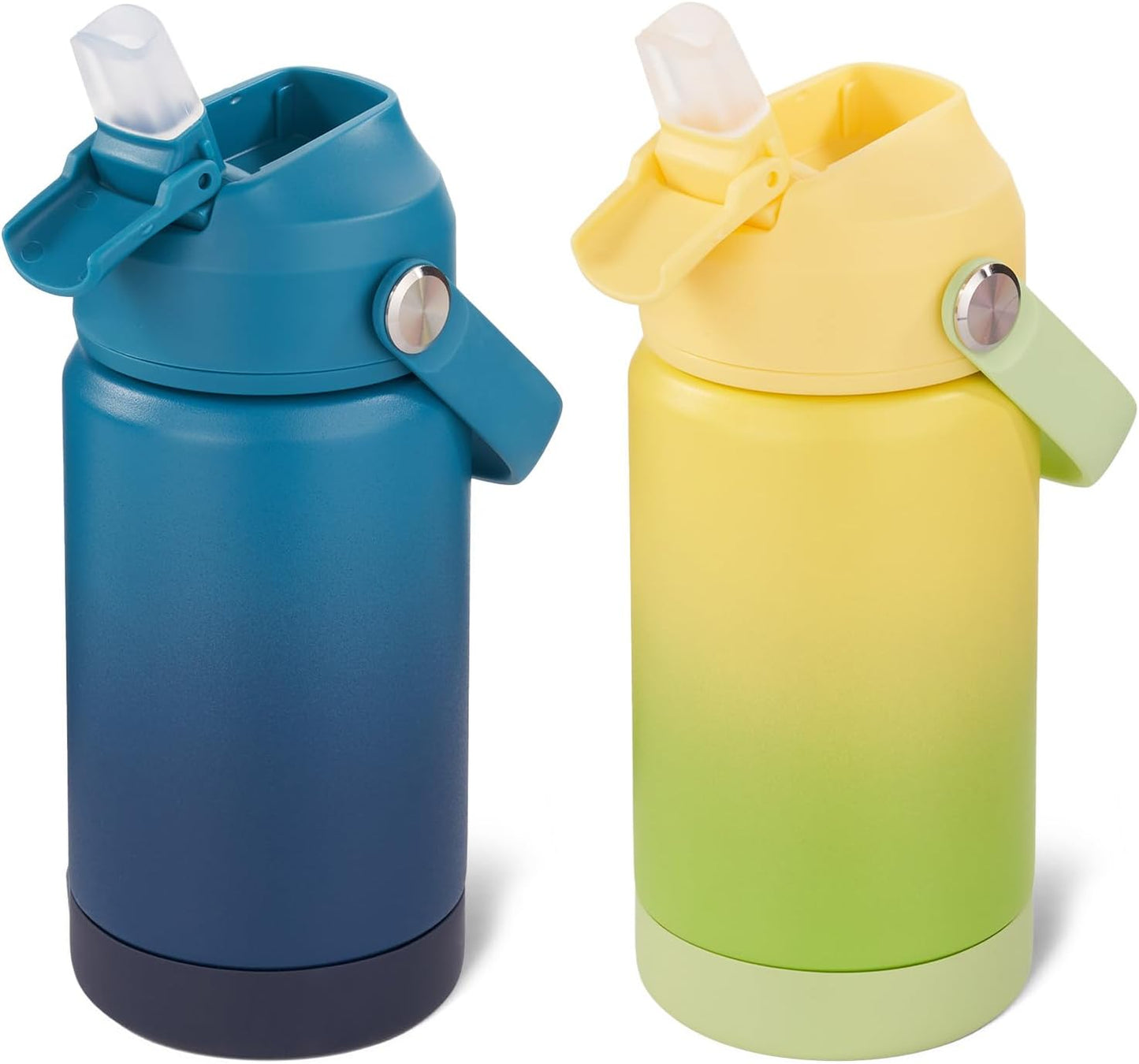 12 Oz Water Bottle, 2 Pack Kids Water Bottles for School, Toddler Cup with Straw & Handle, 304 Stainless Steel Insulated Water Bottle, BPA Free, Gradient Blue+Gradient Yellow