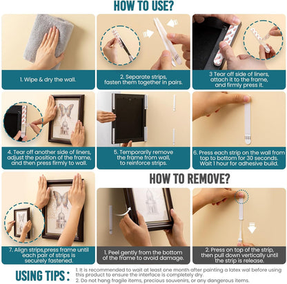 Picture Hanging Strips Heavy Duty, Small 16 Pairs (32 Strips) Frame Hangers Strips for Walls, Pictures Hanging Kit without Nail, Damage Free Adhesive Poster Strips for Decor, Art, Mirror