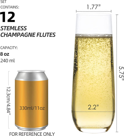 Set of 12 Stemless Crystal Champagne Flutes, 8 Oz Prosecco and Mimosa Glasses