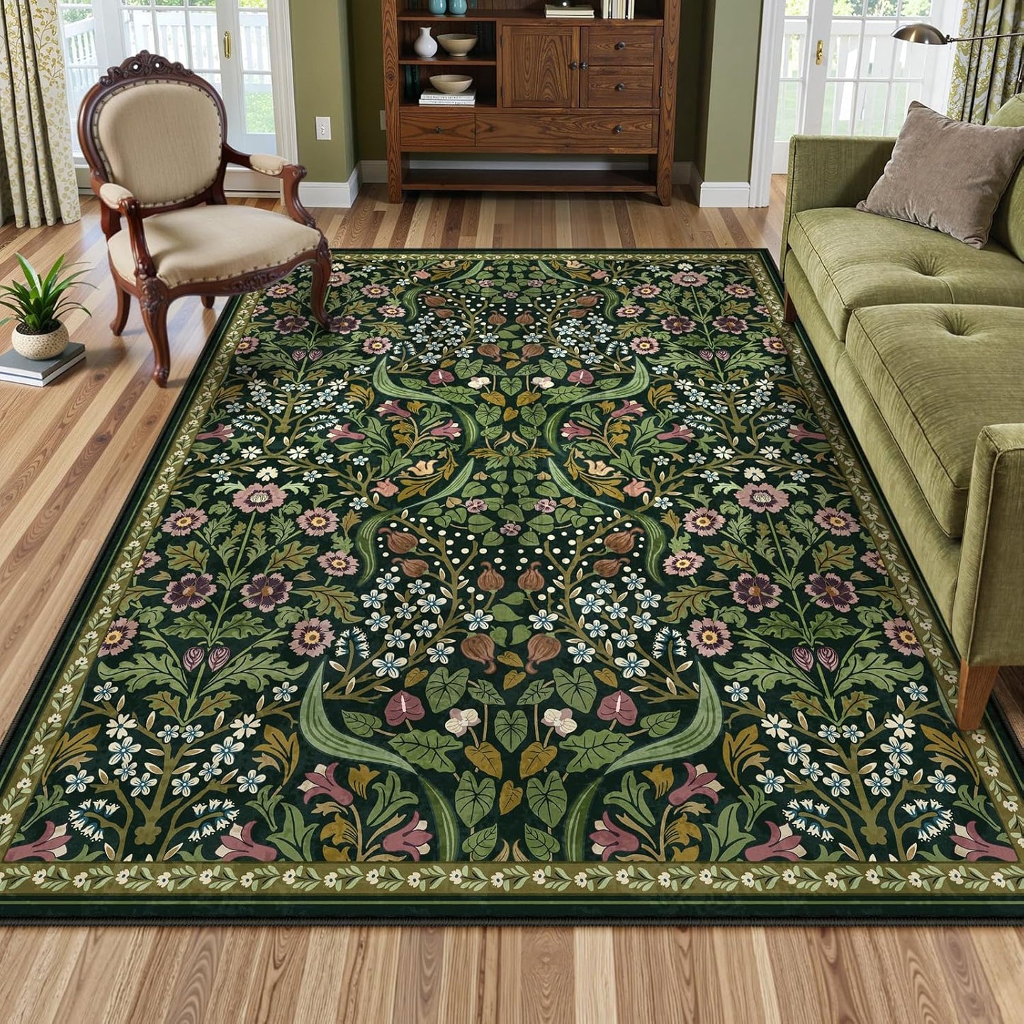 Floral 5X7 Washable Living Room Rugs, Green Area Rugs for Bedroom Rubber Backed, Botanical Thin Stain-Resistant Carpet for Dining Room, Guestroom, Kids Room
