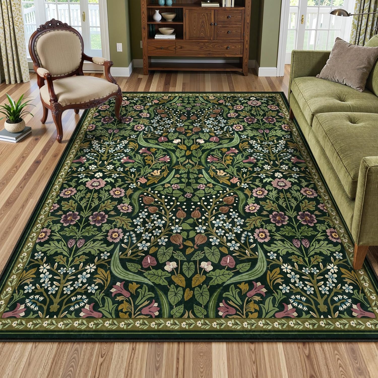 Floral 5X7 Washable Living Room Rugs, Green Area Rugs for Bedroom Rubber Backed, Botanical Thin Stain-Resistant Carpet for Dining Room, Guestroom, Kids Room