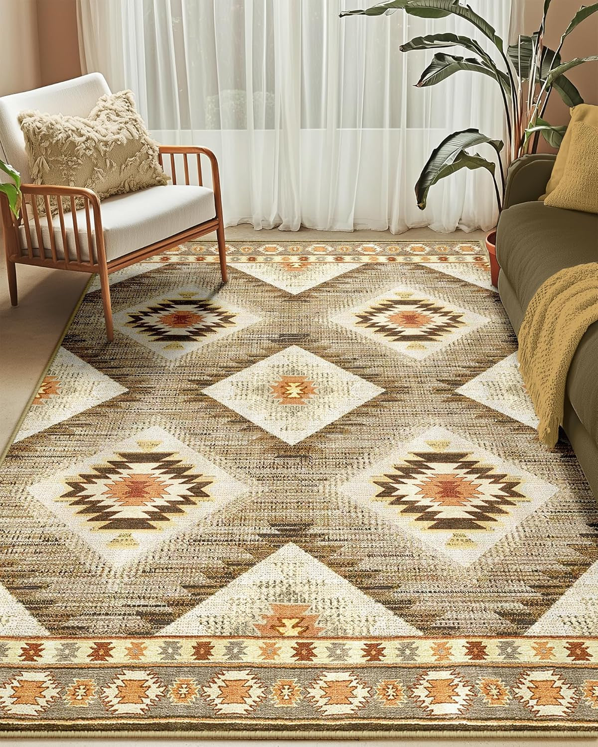 Area Rug 5X7 Rug Machine Washable Non-Slip Low Pile Print Pattern Western Rug for Living Room Bedroom Entryway Tribal Series -Cream/Camel