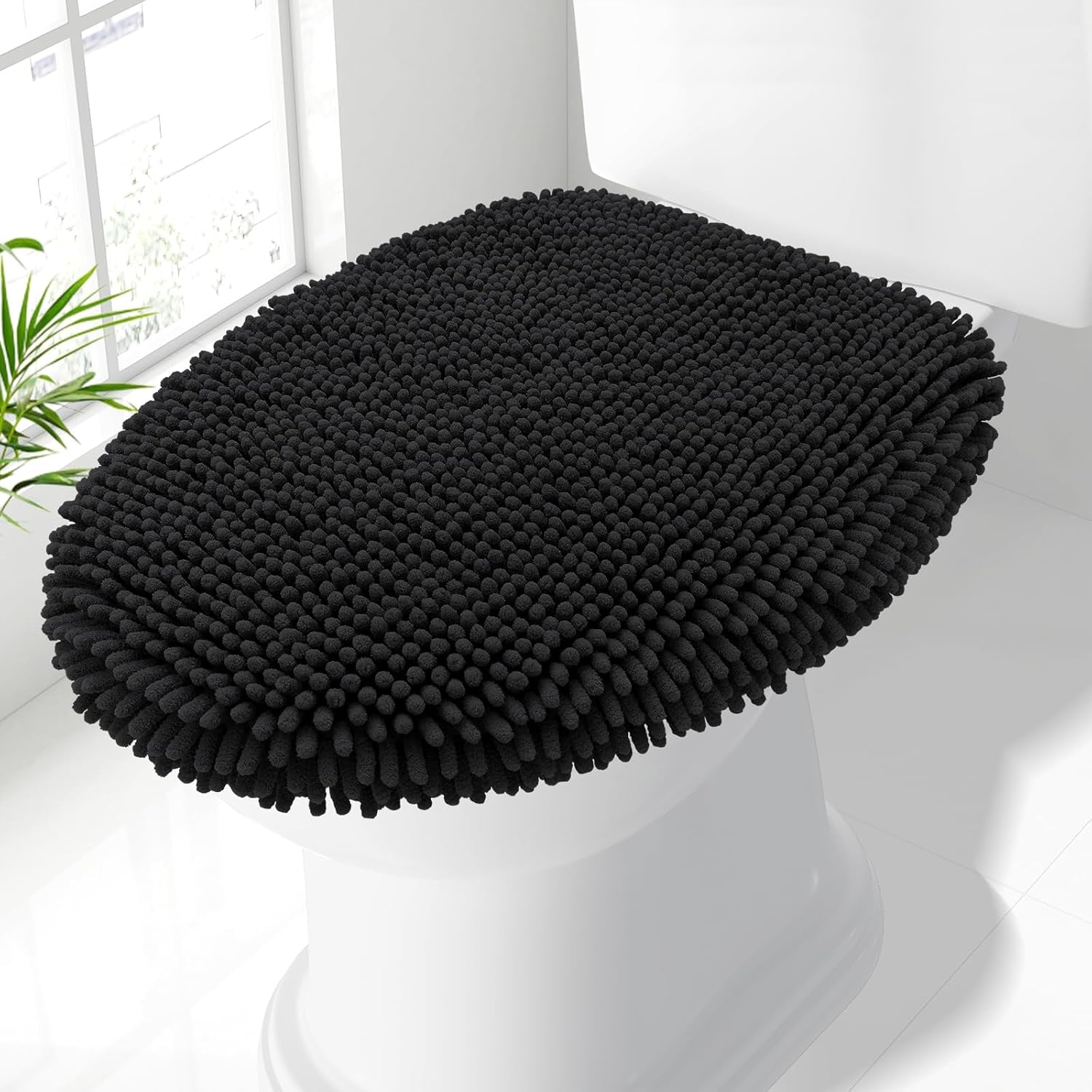 Soft Chenille Bathroom Toilet Lid Cover, Machine Washable Covers, 17.5X15, Fits Most Round, Elongated and Oblong Lids, Accessories Decor, Black