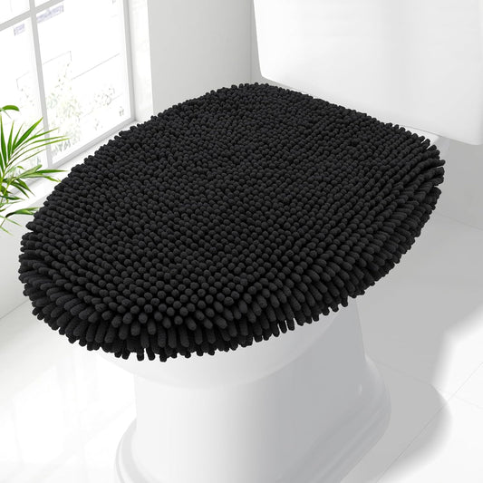 Soft Chenille Bathroom Toilet Lid Cover, Machine Washable Covers, 17.5X15, Fits Most Round, Elongated and Oblong Lids, Accessories Decor, Black