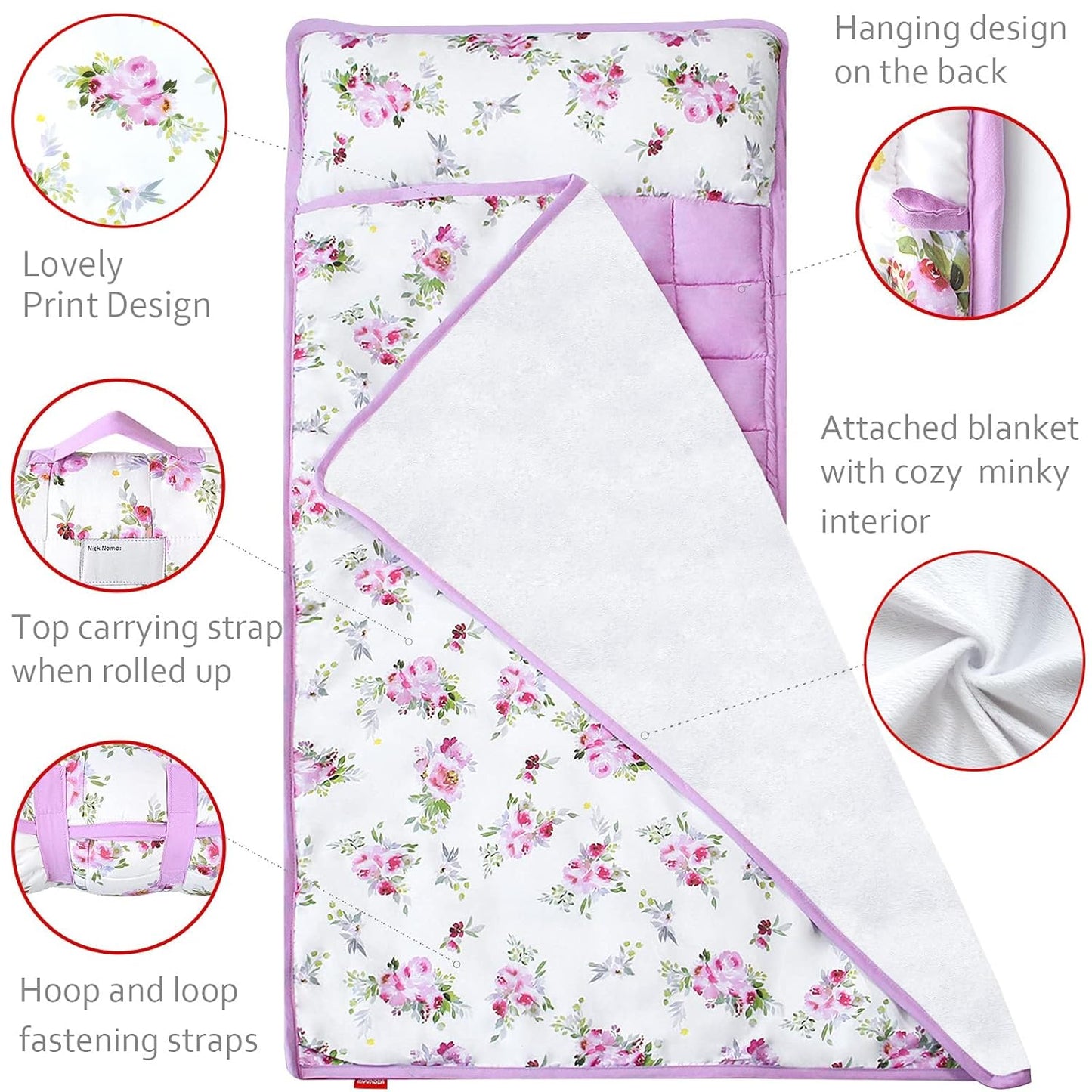 Toddler Nap Mat for Girls Floral, Kids Sleeping Mat with Fleece Blanket, Lightweight Perfect for Kids Preschool, Daycare, Travel Sleeping Bag, Fit Standard Cot
