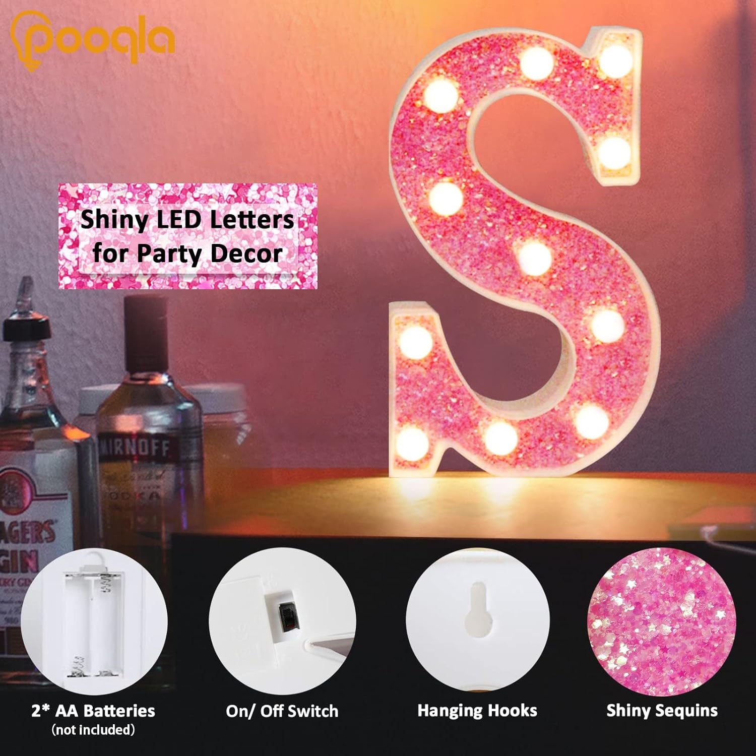 LED Marquee Letter Lights, Light up Pink Letters Glitter Alphabet Letter Sign Battery Powered for Night Light Birthday Party Wedding Girls Gifts Home Bar Christmas Decoration, Pink Letter A