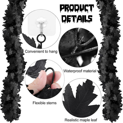 2 Pack Halloween Garland, 5.7FT Black Leaf Garland for Mantle, Artificial Hanging Black Maple Leaves Vines, Spooky Halloween Outdoor Floral, Haunted Mansion, Fireplace, Fall Decor