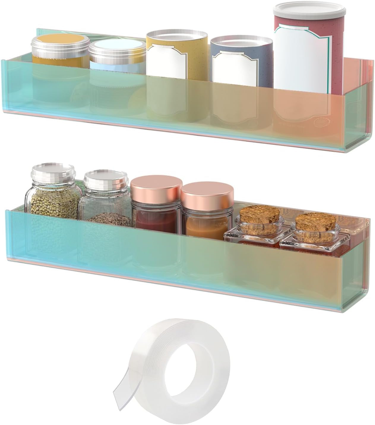 Adhesive Acrylic Spice Rack with Nano Double Sided Tape Wall Mount Organizer, Wall Spice Rack with Shelf Ends for Kitchen Cabinet Door - 2 Pack 12‘’ Shelves (Colorful)