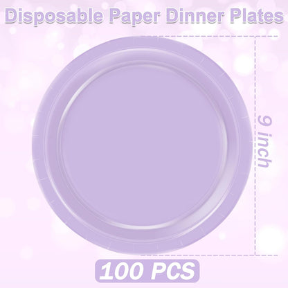 Disposable Plates, 100 PCS Lavender Paper Plates, 9 Inches Light Purple Sturdy Paper Plates round Microwave Safe Dinner Plates Tableware Bulk Supplies for Daily Use Birthday Picnic Camping