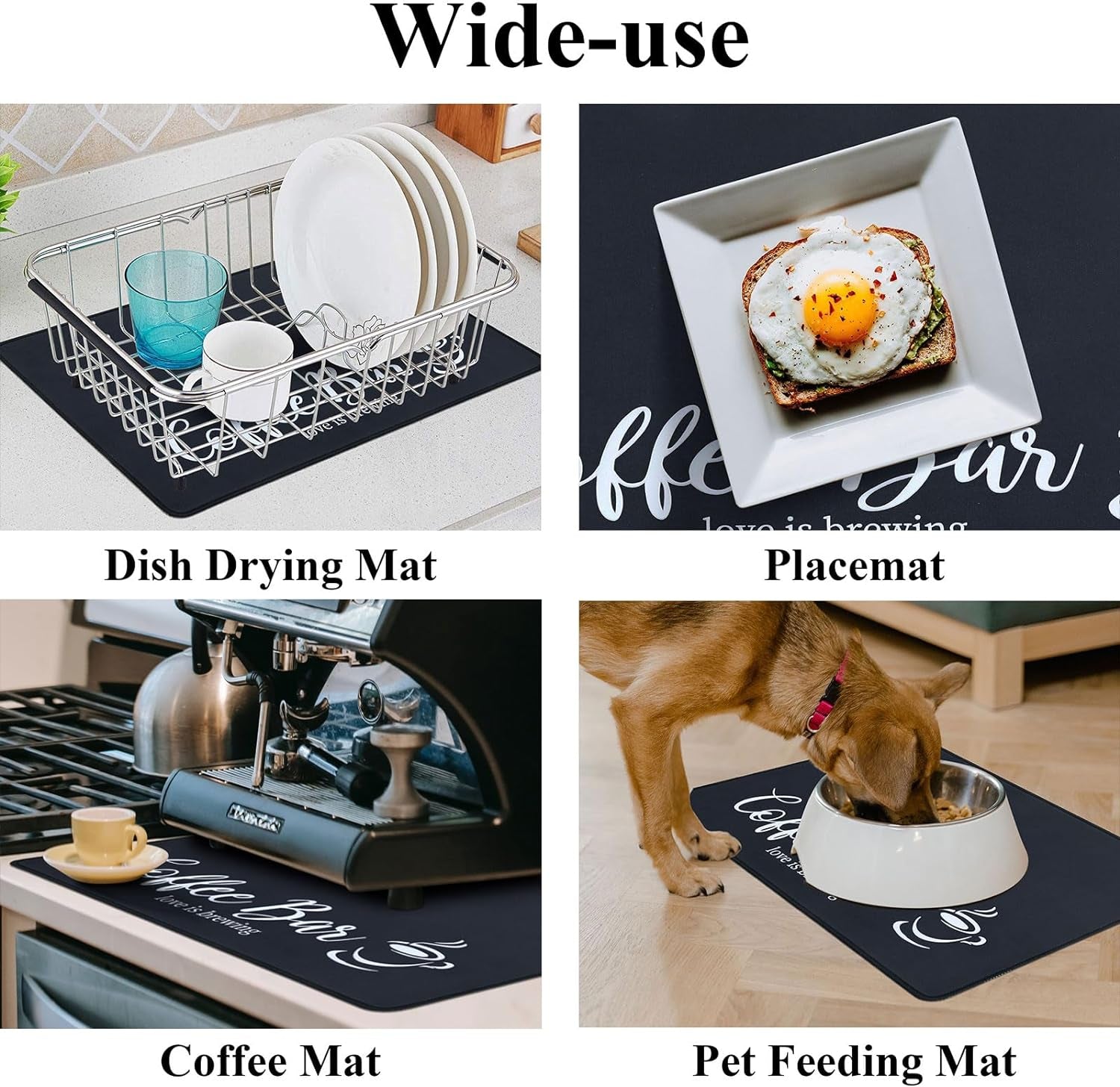 Coffee Mat 2-Pack 12X19 Inch Absorbent Non Slip Rubber Bar Accessories Coffee Maker Mat for Countertop Dish Drying Mat Heat Resistant, Black