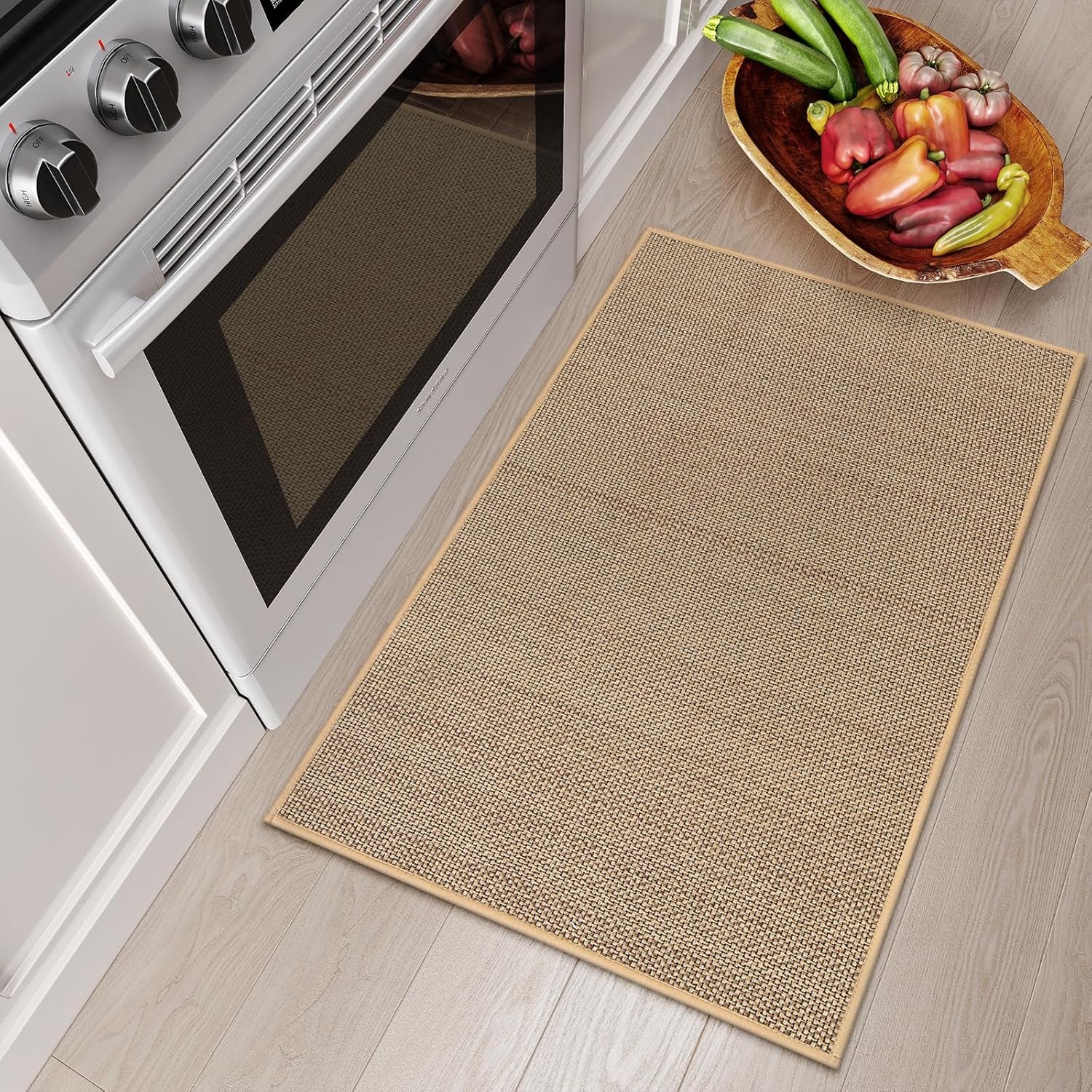 Farmhouse Kitchen Entryway Rug, 2X3 Door Mat Indoor Entrance Washable Small Bathroom Rugs for Bedroom Non Slip Neutral Indoor Floor Carpet for Front Door Porch, Beige