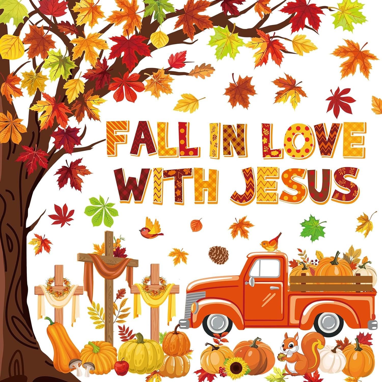 100Pcs Fall in Love with Jesus Bulletin Board Set Fall Christian Decoration Cut-Outs Paper Poster Banner with Fall Tree Leaves Pumpkin Cross Truck Patterned for Religious Church Classroom Decor