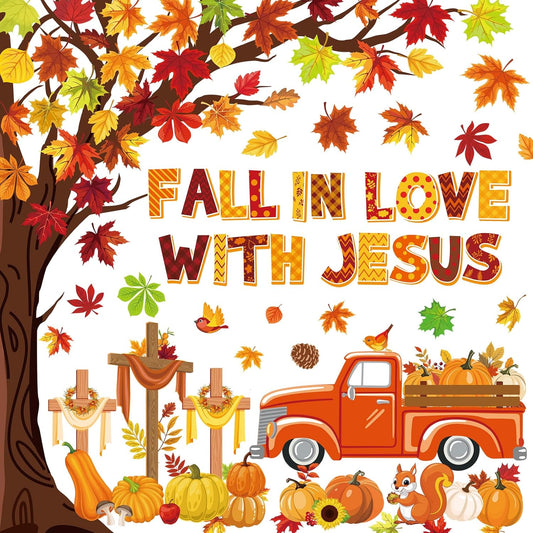 100Pcs Fall in Love with Jesus Bulletin Board Set Fall Christian Decoration Cut-Outs Paper Poster Banner with Fall Tree Leaves Pumpkin Cross Truck Patterned for Religious Church Classroom Decor