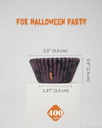 400 Pcs Halloween Mini Cupcake Liners with 12 Pcs Cupcake Toppers, Mini Cupcake Liners for Baking, Halloween Cupcake Decorations