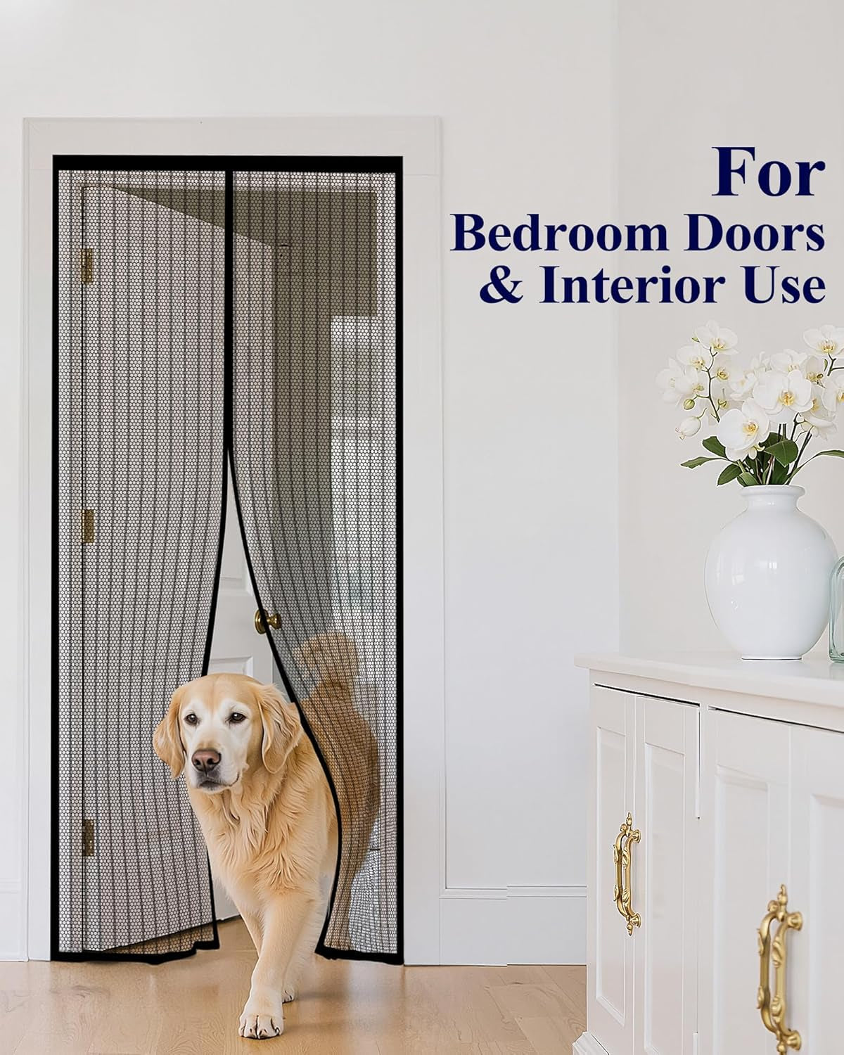 Magnetic Screen Door - 38.0 X 82.0'' Retractable Screen Door Mesh for Front Door or Sliding Door, Pet & Kid Friendly, Hands-Free Closure Keeps Bugs Out & Lets Breeze In, Stripe Black