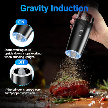 Rechargeable Electric Salt and Pepper Grinder Set with LED Light, Type-C Fast Charging, Adjustable Coarseness, Large Capacity for Kitchen, Restaurant, and Outdoor Use (2 Pack)