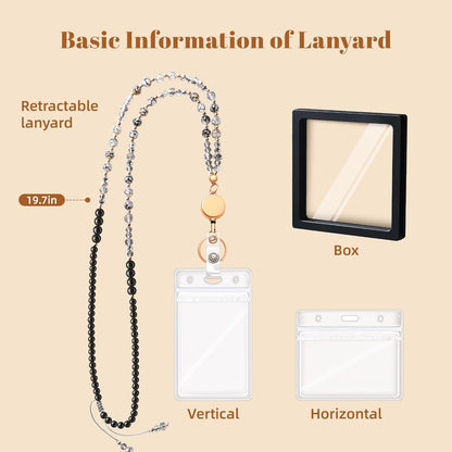 Teacher Lanyards for Id Badges and Keys, Retractable Natural Stone Beaded Lanyard for Women Cute with Id Holder, Black
