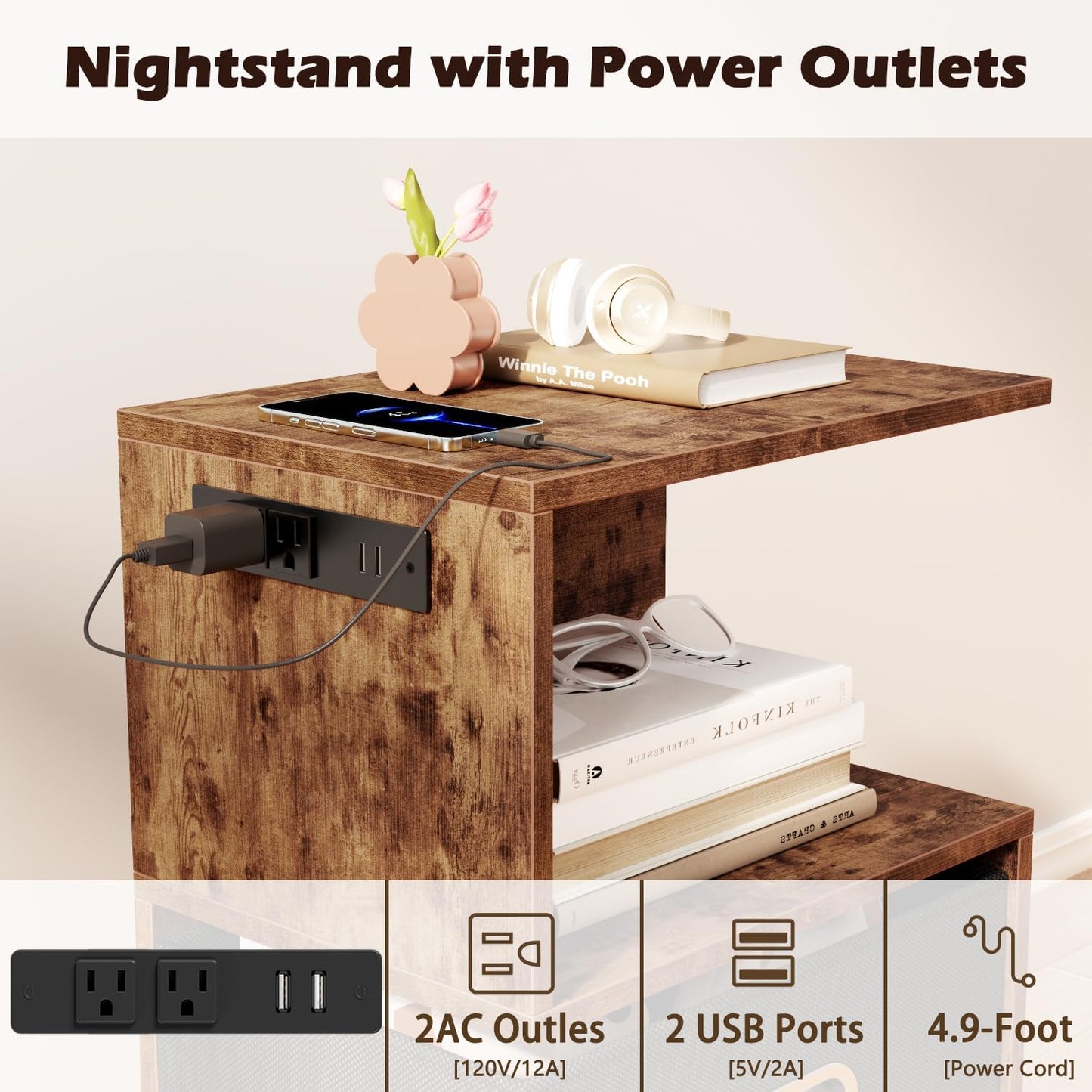 Nightstand with Charging Station and Drawer, 3 Tier End Table with Open Shelf, Wood S Shaped Bedside Table with Storage for Living Room/Bedroom/Small Space, Rustic Brown
