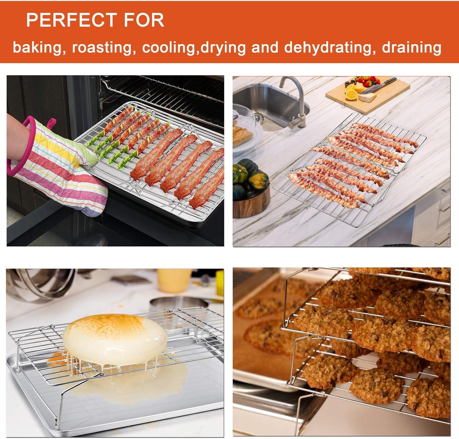 Cooling Rack, 5-Tier Stainless Steel Stackable Baking Cooking Racks for Cooling Roasting Grilling, Collapsible & Heavy Duty, Oven Safe & Easy Clean, 15" X 10", Silver