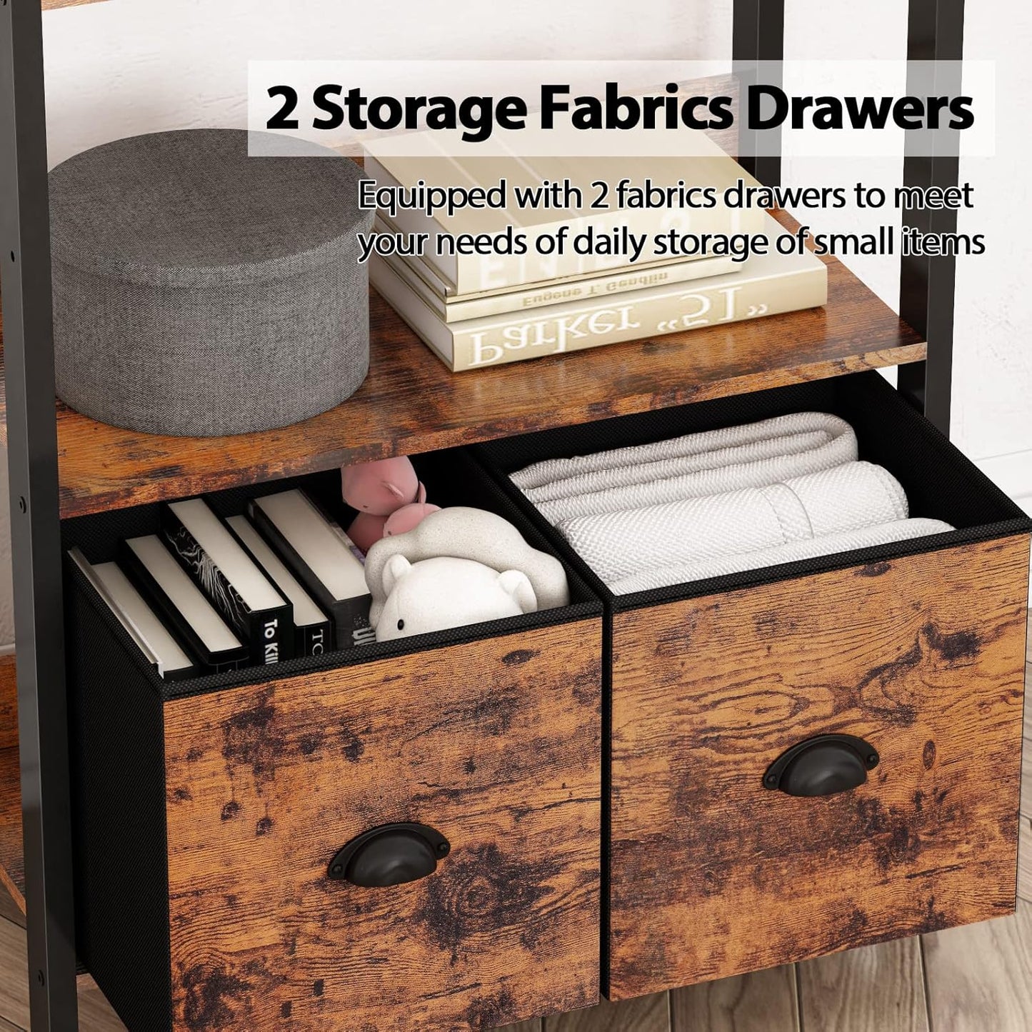 5-Tier Bookshelf, Tall Bookcase with 2 Storage Drawers, Industrial Display Standing Shelf Units, Wood and Metal Storage Shelf for Living Room, Bedroom, Home Office, Rustic Brown