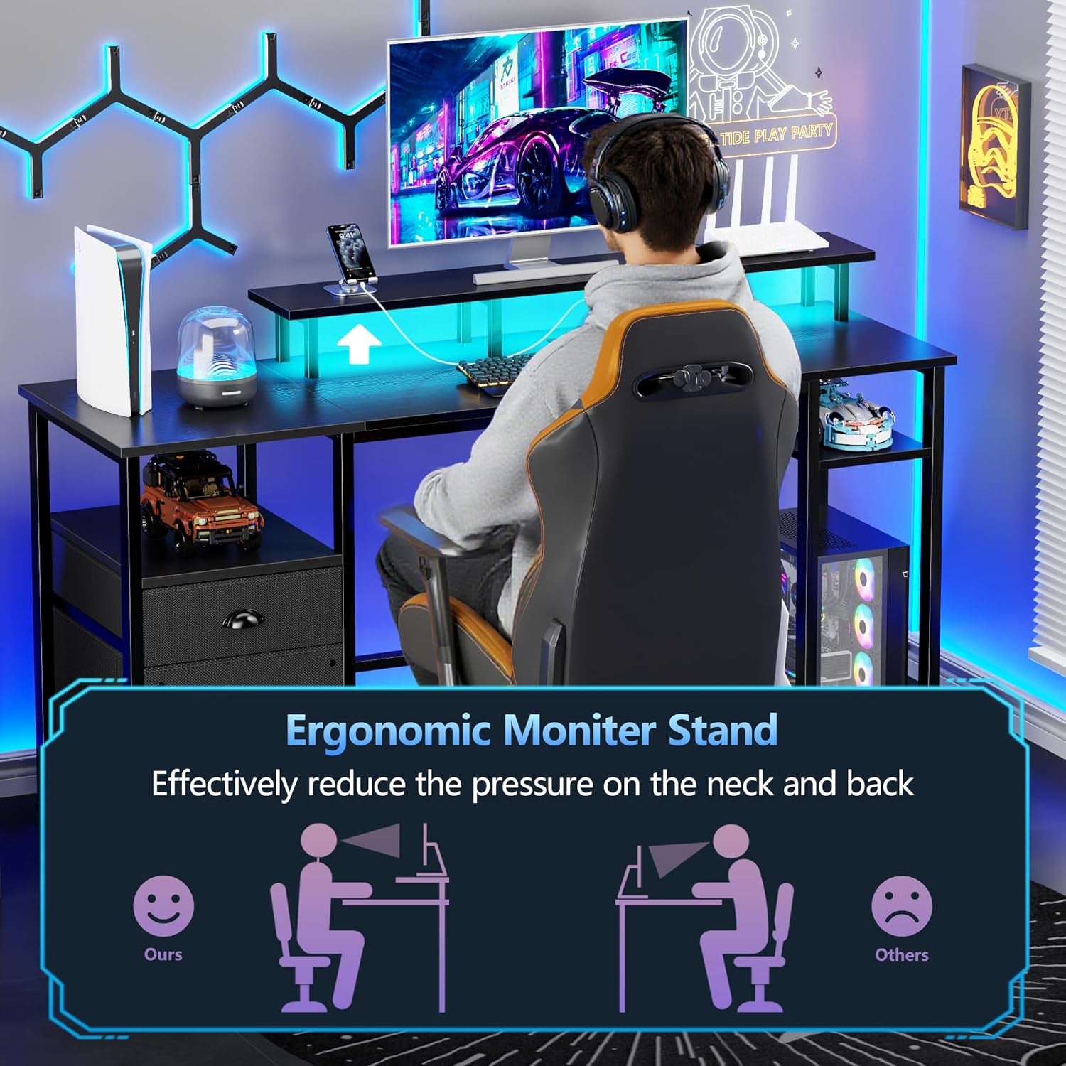 61" Gaming Desk with Power Outlets & LED Lights, Reversible Computer Desk with File Cabinet & Monitor Stand for Home Office, Large Work Table with Storage Shelves & Drawer, Black