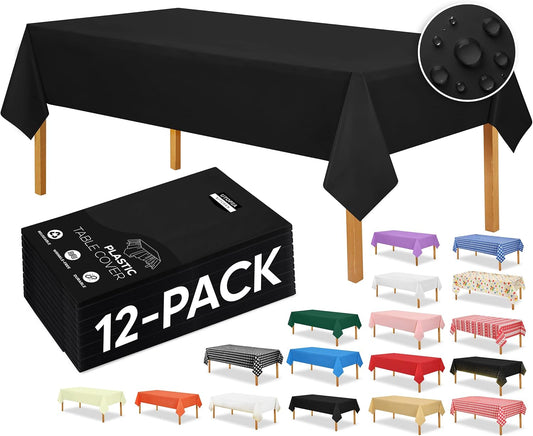 Plastic Table Cloth Disposable (12 Pack - 54X108 Inch) Black Rectangle Tablecloth Waterproof Stain Resistant Party Table Cover