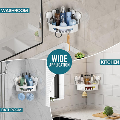 Corner Shower Caddy with Suction Cups, Wall Mounted Organizer Plastic Rack for Small Bathrooms, Kitchen, Removable Drill-Free Heavy Duty Shelf Basket, White